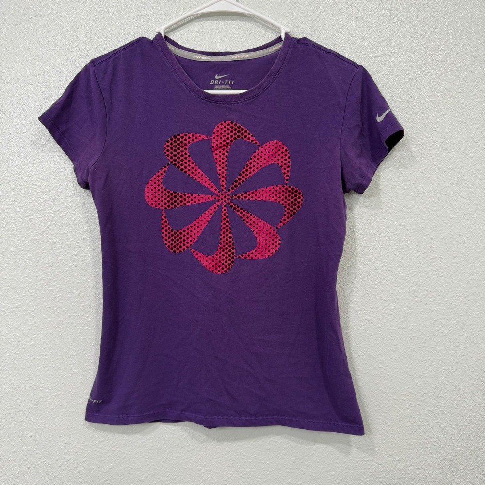 Nike Running Dri-FIT Shirt Womens Small Purple Pink Pinwheel Swoosh 408441-543